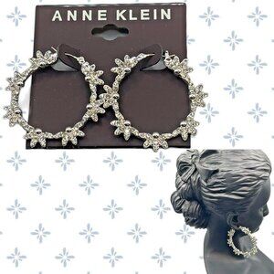 Anne Klein Silver Pave Crystal Flowers Ball Detail Wreath Shaped Hinge Earrings